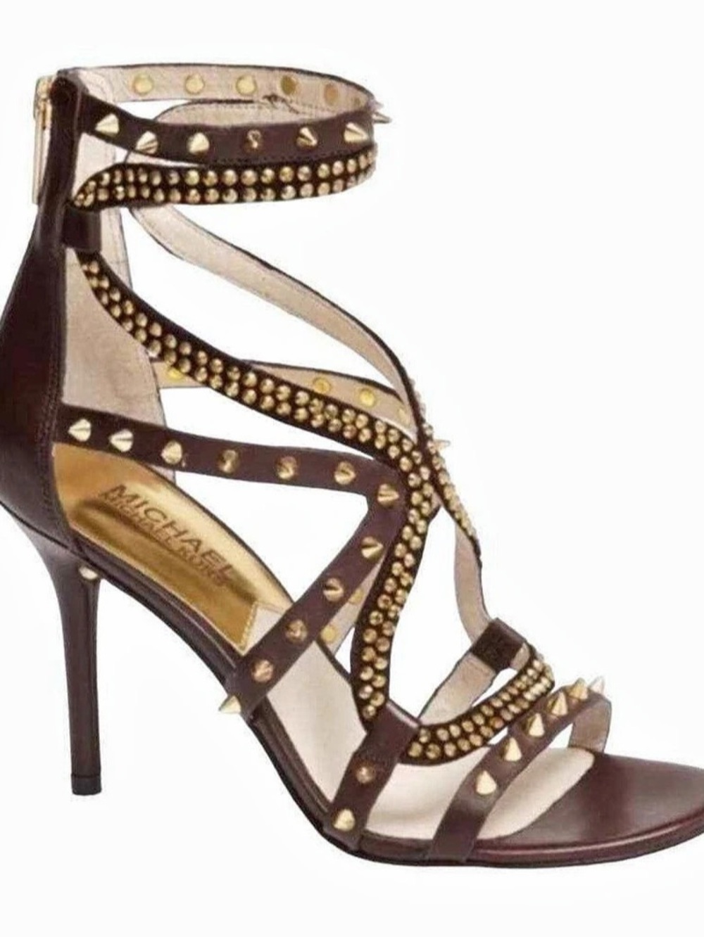 MICHAEL Kors Studded Ankle Strap Heels Brown US 6